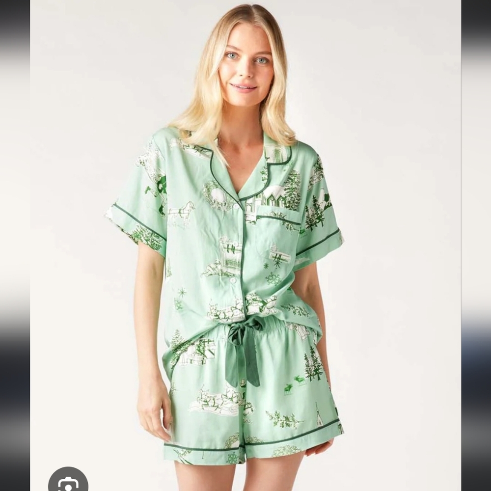 Green Vintage Christmas Scene Women's Pajama Short  Set 3xl